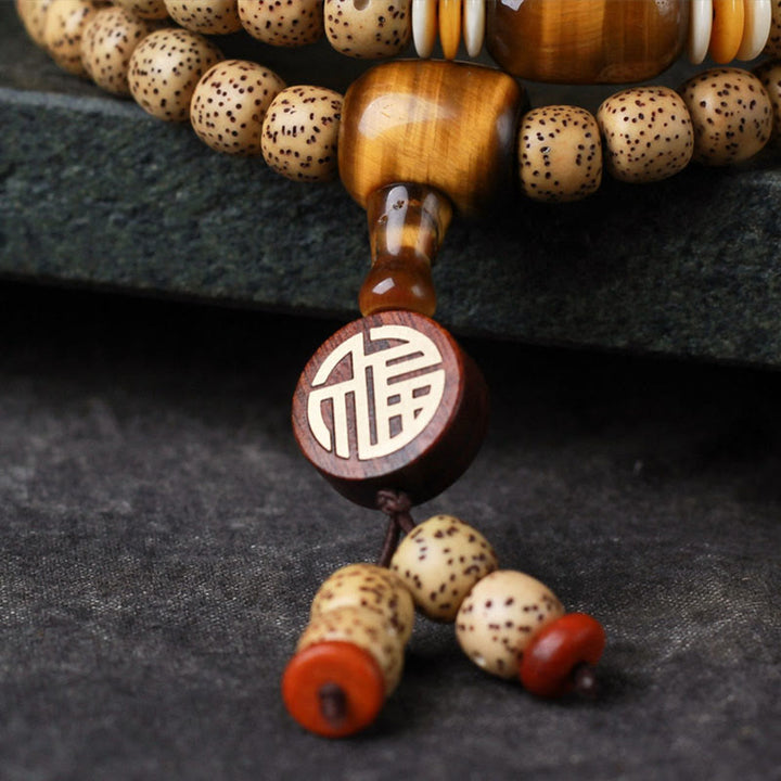 Buddha Stones 108 Mala Perlen Bodhisamen Tigerauge Fu Zeichen Friedensarmband