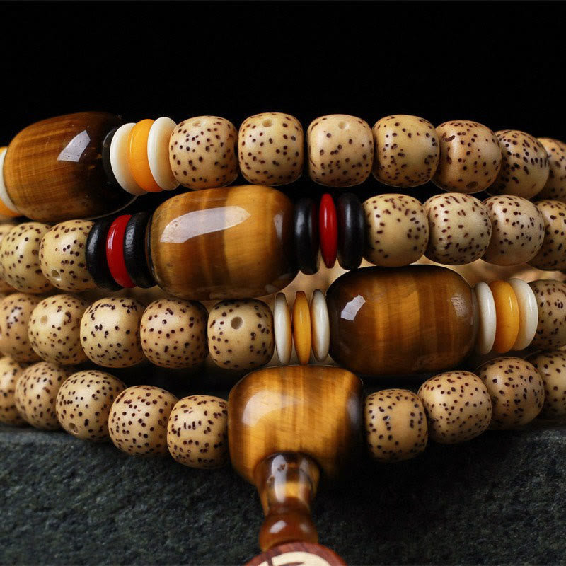 Buddha Stones 108 Mala Perlen Bodhisamen Tigerauge Fu Zeichen Friedensarmband