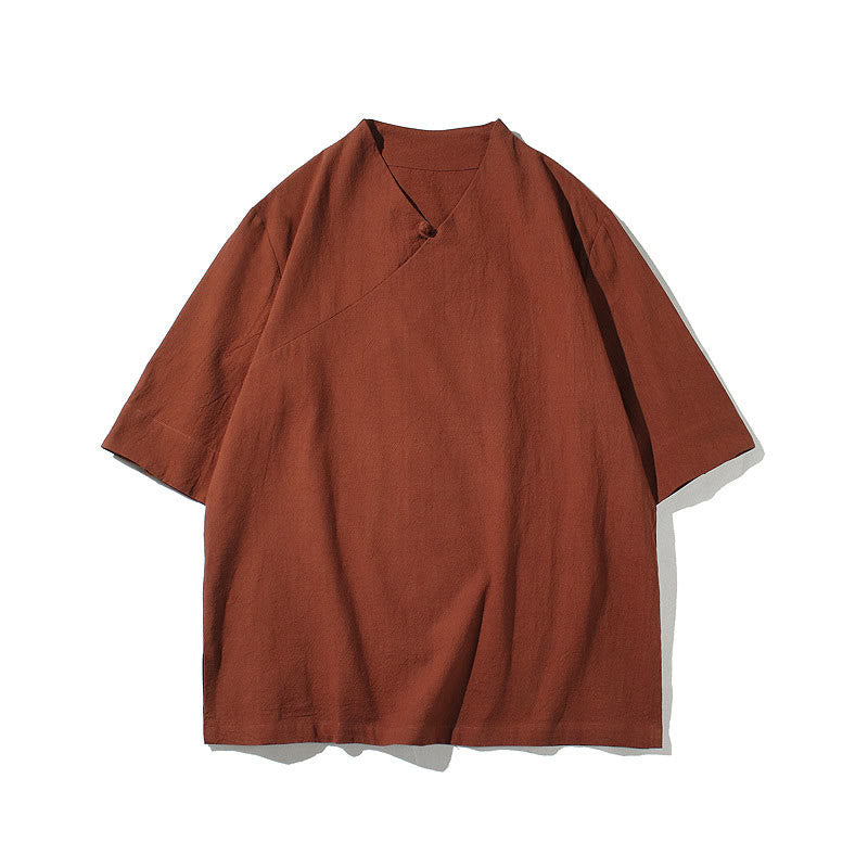 Buddha Stones V-Ausschnitt schlichtes Herren Halbarm Baumwollhemd - image 4