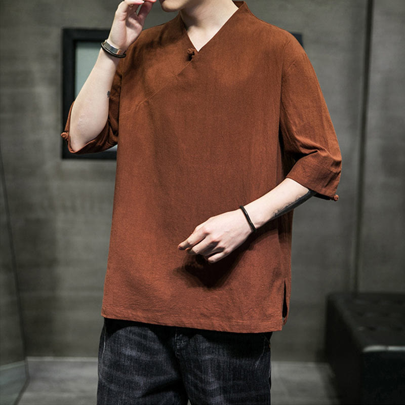 Buddha Stones V-Ausschnitt schlichtes Herren Halbarm Baumwollhemd - image 7