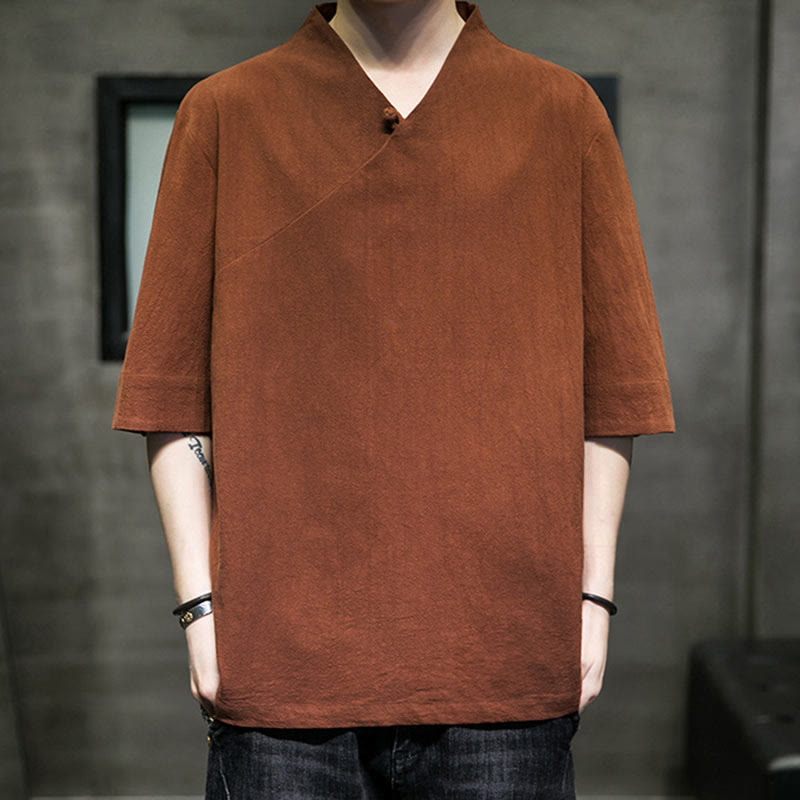 Buddha Stones V-Ausschnitt schlichtes Herren Halbarm Baumwollhemd - image 1