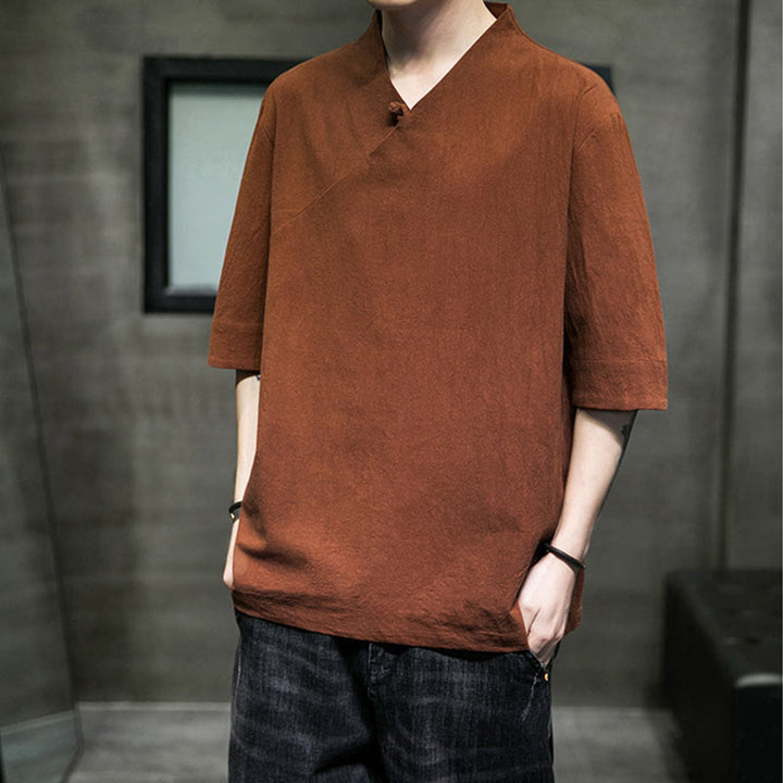 Buddha Stones V-Ausschnitt schlichtes Herren Halbarm Baumwollhemd - image 9