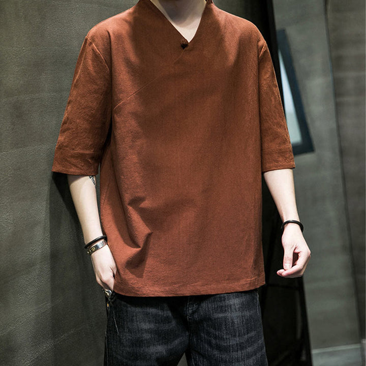 Buddha Stones V-Ausschnitt schlichtes Herren Halbarm Baumwollhemd - image 8