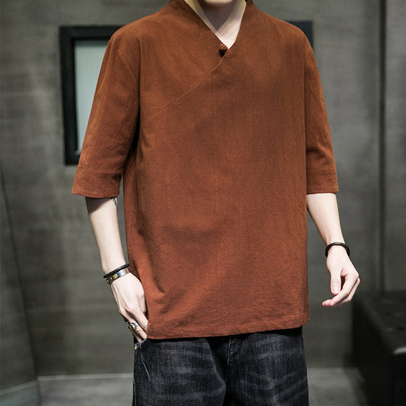 Buddha Stones V-Ausschnitt schlichtes Herren Halbarm Baumwollhemd - image 2