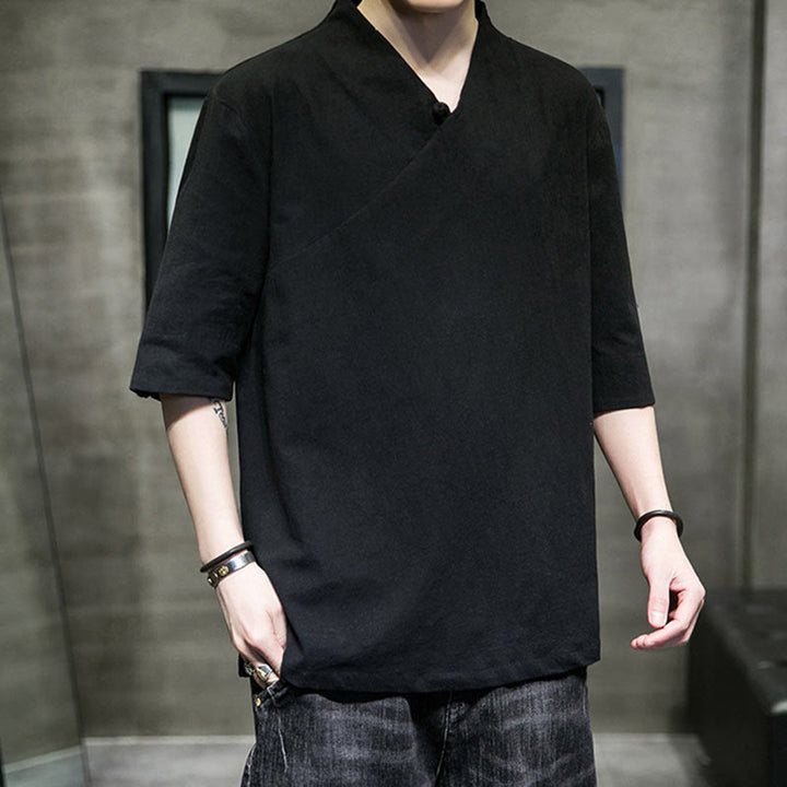 Buddha Stones V-Ausschnitt schlichtes Herren Halbarm Baumwollhemd - image 13