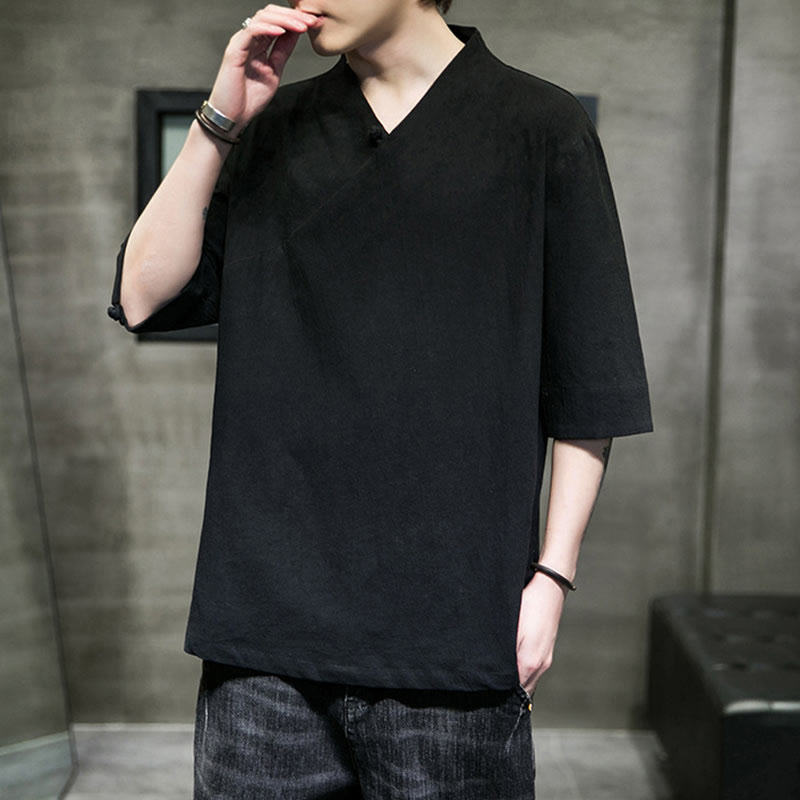 Buddha Stones V-Ausschnitt schlichtes Herren Halbarm Baumwollhemd - image 15