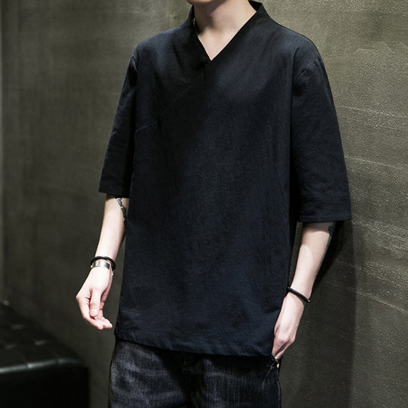 Buddha Stones V-Ausschnitt schlichtes Herren Halbarm Baumwollhemd - image 16