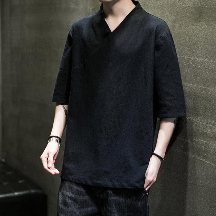 Buddha Stones V-Ausschnitt schlichtes Herren Halbarm Baumwollhemd - image 16