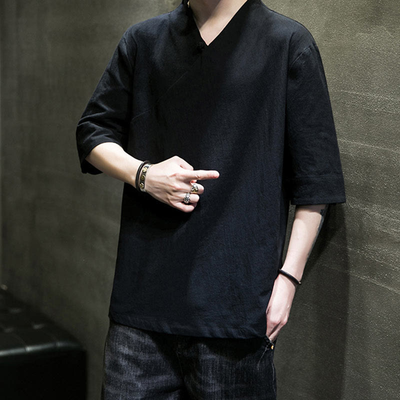 Buddha Stones V-Ausschnitt schlichtes Herren Halbarm Baumwollhemd - image 18