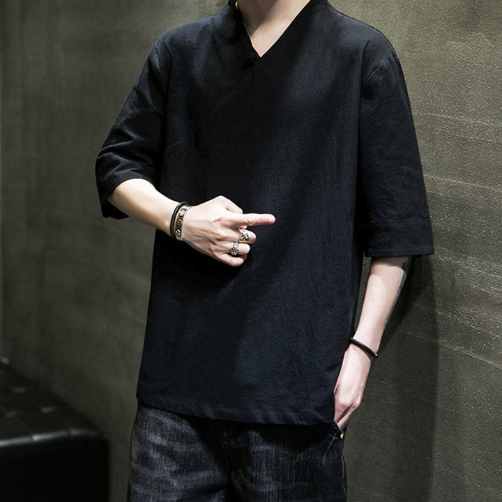 Buddha Stones V-Ausschnitt schlichtes Herren Halbarm Baumwollhemd - image 18