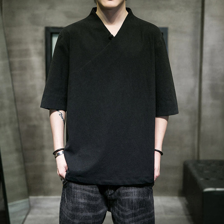 Buddha Stones V-Ausschnitt schlichtes Herren Halbarm Baumwollhemd - image 14