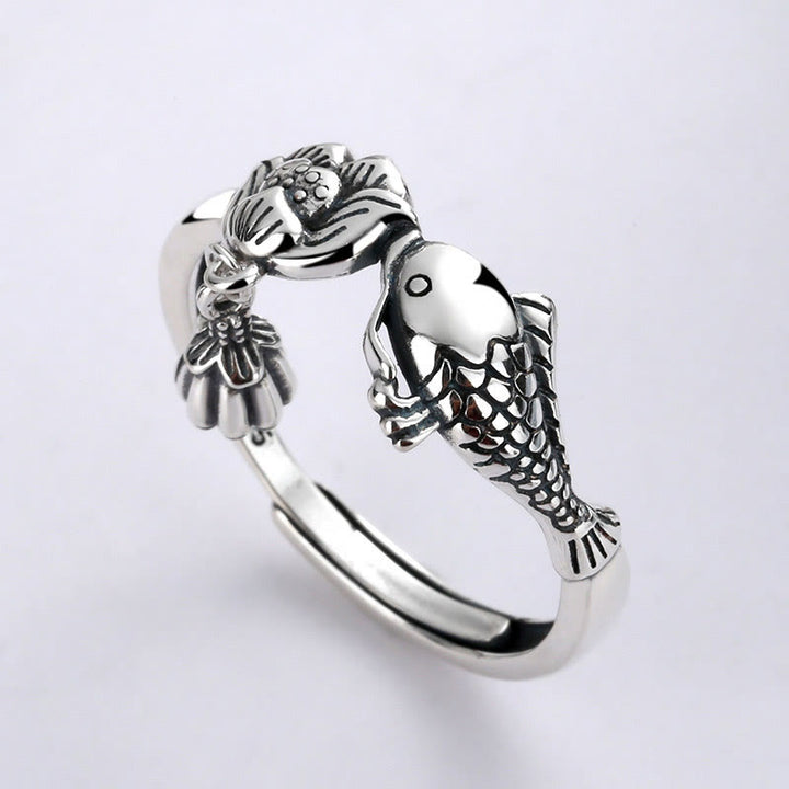 Buddha Stones 925 Sterling Silber Koi Fisch Lotus Blume Erfolg Ring