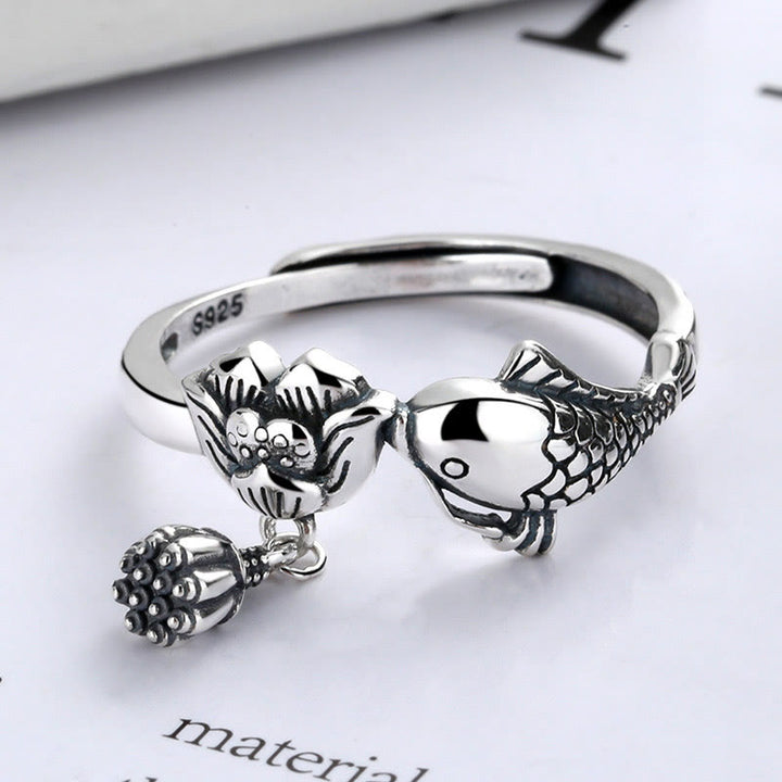 Buddha Stones 925 Sterling Silber Koi Fisch Lotus Blume Erfolg Ring