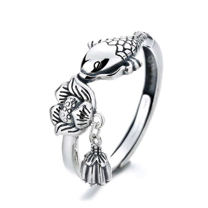 Buddha Stones 925 Sterling Silber Koi Fisch Lotus Blume Erfolg Ring