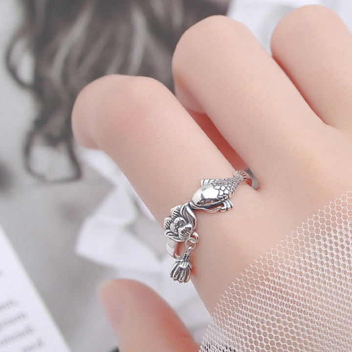 Buddha Stones 925 Sterling Silber Koi Fisch Lotus Blume Erfolg Ring - image 6