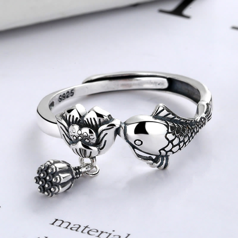 Buddha Stones 925 Sterling Silber Koi Fisch Lotus Blume Erfolg Ring - image 1