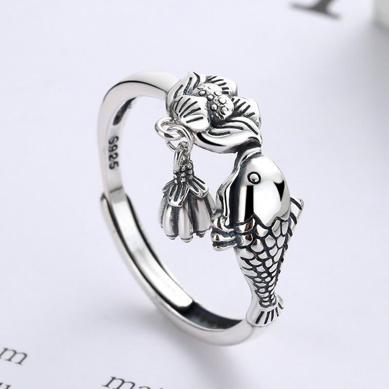 Buddha Stones 925 Sterling Silber Koi Fisch Lotus Blume Erfolg Ring