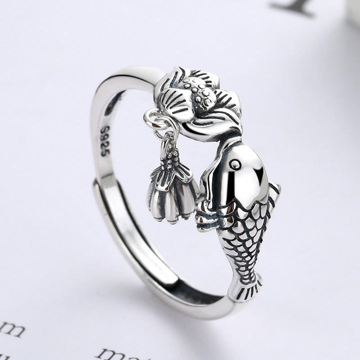 Buddha Stones 925 Sterling Silber Koi Fisch Lotus Blume Erfolg Ring - image 2