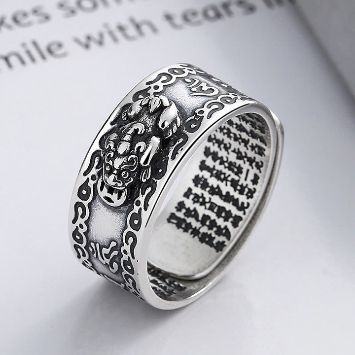 Buddha Stones 925er Sterlingsilber PiXiu Inschrift Geschnitzter Wohlstands Verstellbarer Ring