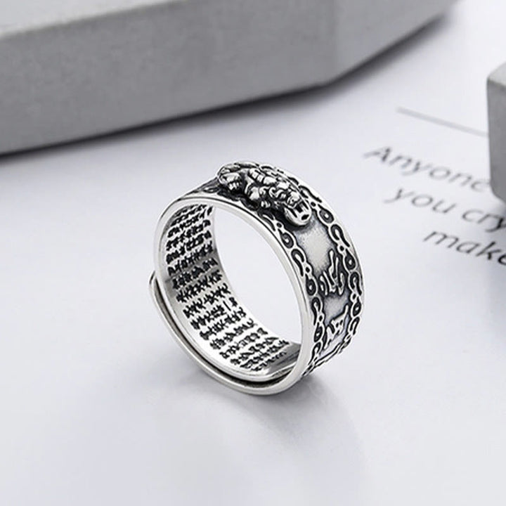 Buddha Stones 925er Sterlingsilber PiXiu Inschrift Geschnitzter Wohlstands Verstellbarer Ring - image 2