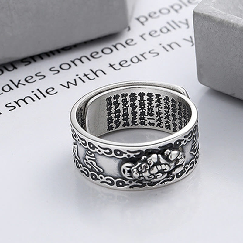 Buddha Stones 925er Sterlingsilber PiXiu Inschrift Geschnitzter Wohlstands Verstellbarer Ring