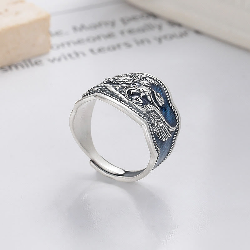 Buddha Stones 925 Sterling Silber Phönix Pfingstrosen Blumen geschnitzter Glück verstellbarer Ring