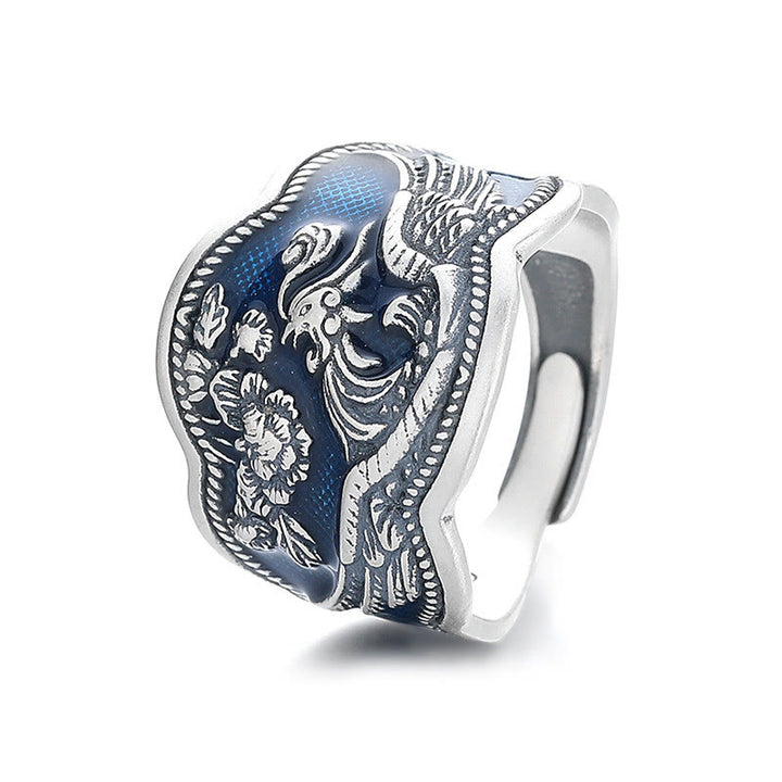 Buddha Stones 925 Sterling Silber Phönix Pfingstrosen Blumen geschnitzter Glück verstellbarer Ring