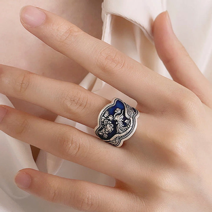 Buddha Stones 925 Sterling Silber Phönix Pfingstrosen Blumen geschnitzter Glück verstellbarer Ring - image 8