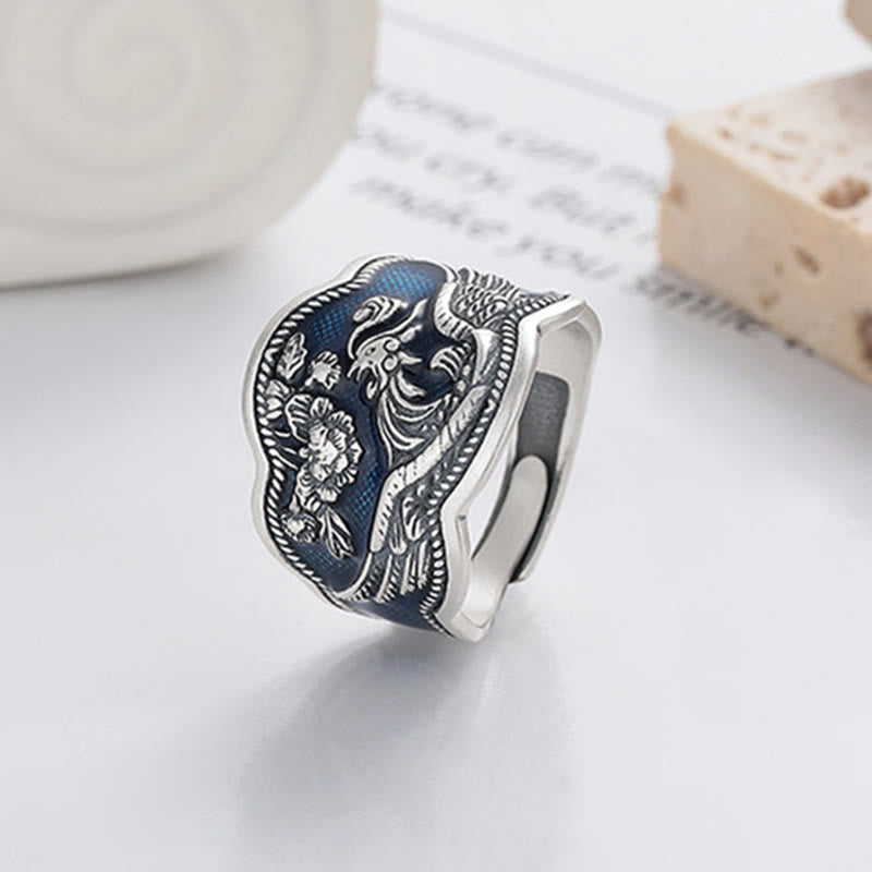 Buddha Stones 925 Sterling Silber Phönix Pfingstrosen Blumen geschnitzter Glück verstellbarer Ring