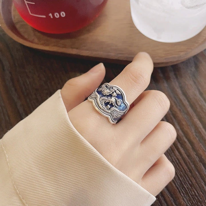 Buddha Stones 925 Sterling Silber Phönix Pfingstrosen Blumen geschnitzter Glück verstellbarer Ring - image 4