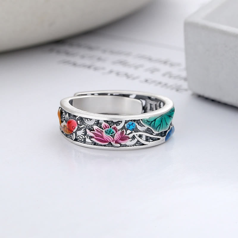 Buddha Stones 925 Sterling Silber Koi Fisch Lotus Glück Alles Gute Ring - image 1