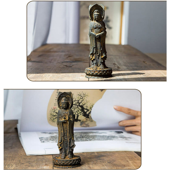 Buddha Stones Drei-seitige Kwan Yin Avalokitesvara Eisenpulver-Rost-Guss-Harzstatue Reichtum Tischdekoration