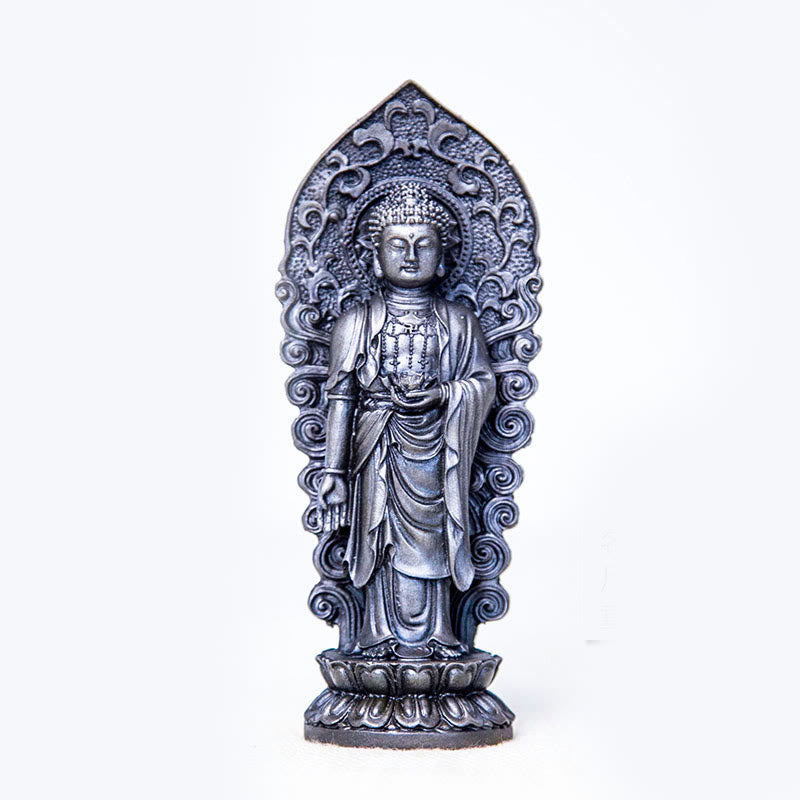 Buddha Stones Handgefertigter Amitabha Guanyin Avalokitesvara Mahasthamaprapta Eisenpulver Rost Guss Harz Statue Dekoration - Buddha-Lotus - Polierte Ausführung 18 x 7 x 4,7 cm - image 27