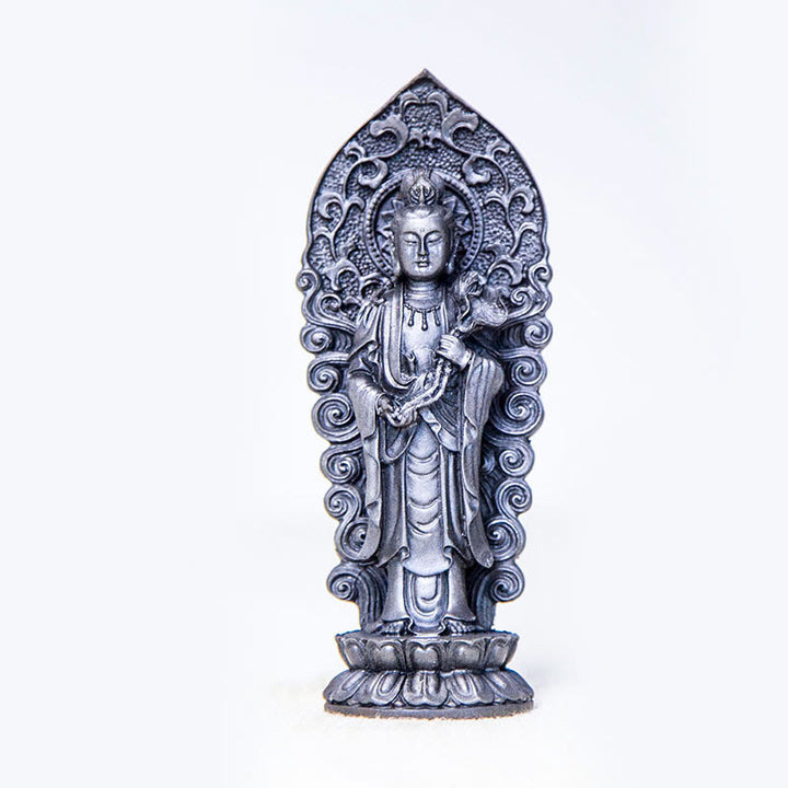 Buddha Stones Handgefertigter Amitabha Guanyin Avalokitesvara Mahasthamaprapta Eisenpulver Rost Guss Harz Statue Dekoration