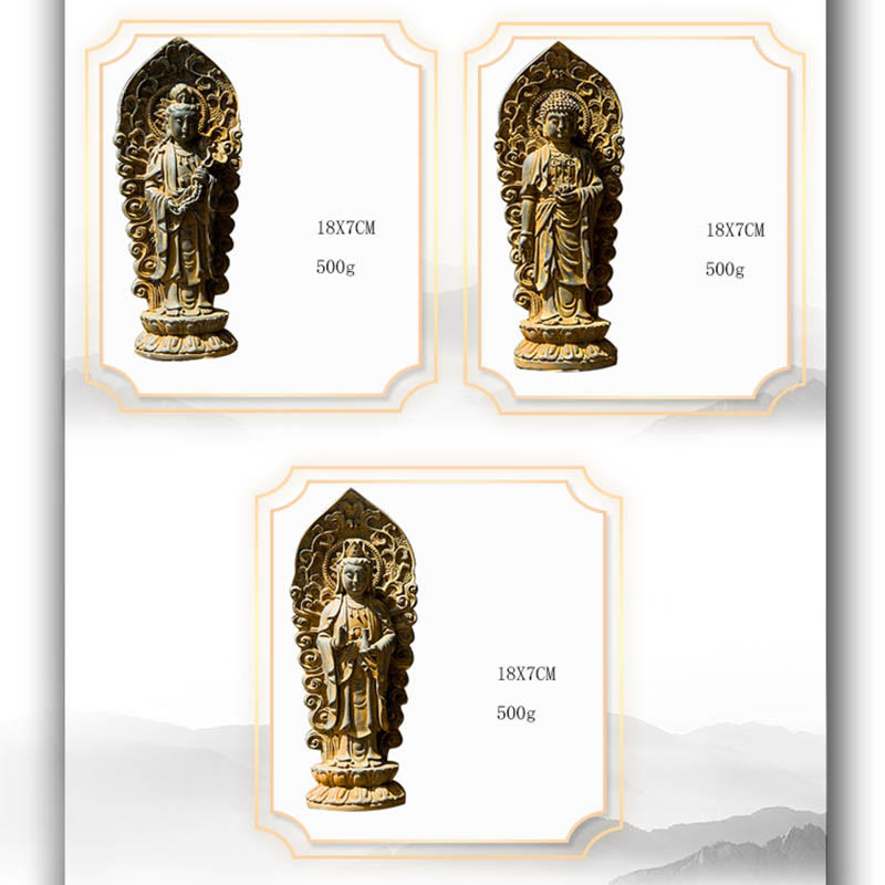 Buddha Stones Handgefertigter Amitabha Guanyin Avalokitesvara Mahasthamaprapta Eisenpulver Rost Guss Harz Statue Dekoration