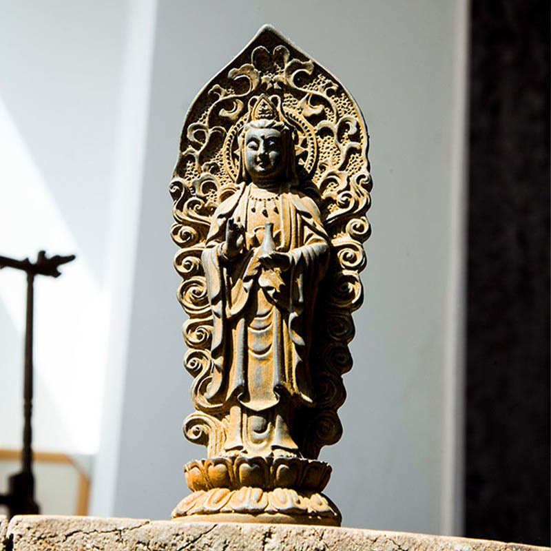 Buddha Stones Handgefertigter Amitabha Guanyin Avalokitesvara Mahasthamaprapta Eisenpulver Rost Guss Harz Statue Dekoration - image 16