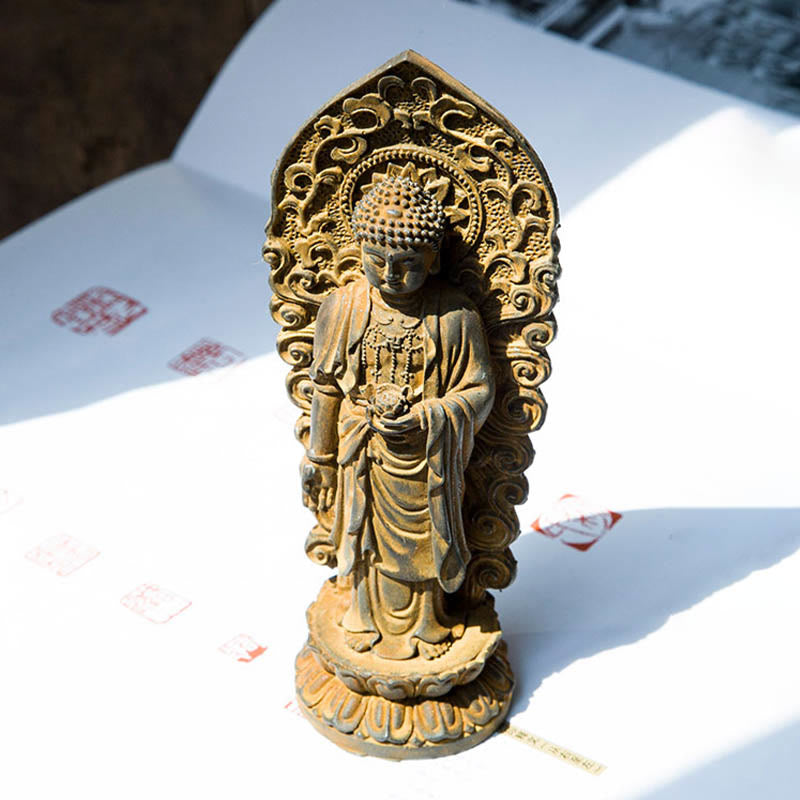 Buddha Stones Handgefertigter Amitabha Guanyin Avalokitesvara Mahasthamaprapta Eisenpulver Rost Guss Harz Statue Dekoration