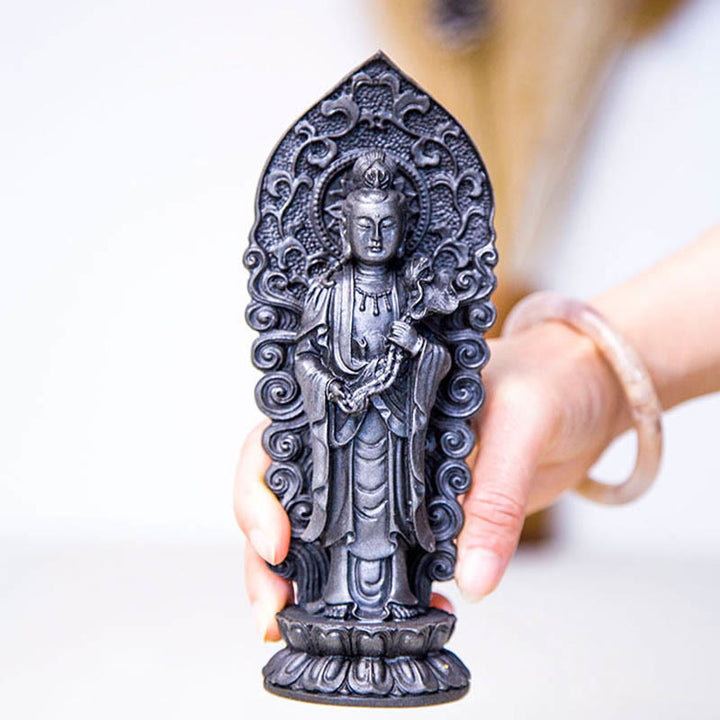 Buddha Stones Handgefertigter Amitabha Guanyin Avalokitesvara Mahasthamaprapta Eisenpulver Rost Guss Harz Statue Dekoration