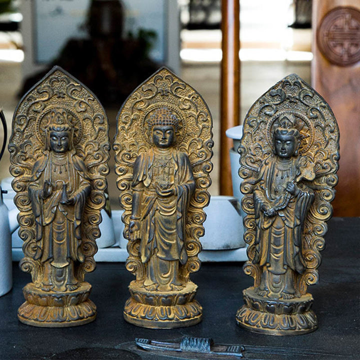 Buddha Stones Handgefertigter Amitabha Guanyin Avalokitesvara Mahasthamaprapta Eisenpulver Rost Guss Harz Statue Dekoration