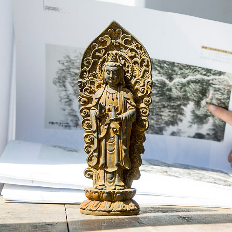 Buddha Stones Handgefertigter Amitabha Guanyin Avalokitesvara Mahasthamaprapta Eisenpulver Rost Guss Harz Statue Dekoration