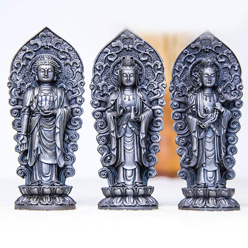 Buddha Stones Handgefertigter Amitabha Guanyin Avalokitesvara Mahasthamaprapta Eisenpulver Rost Guss Harz Statue Dekoration