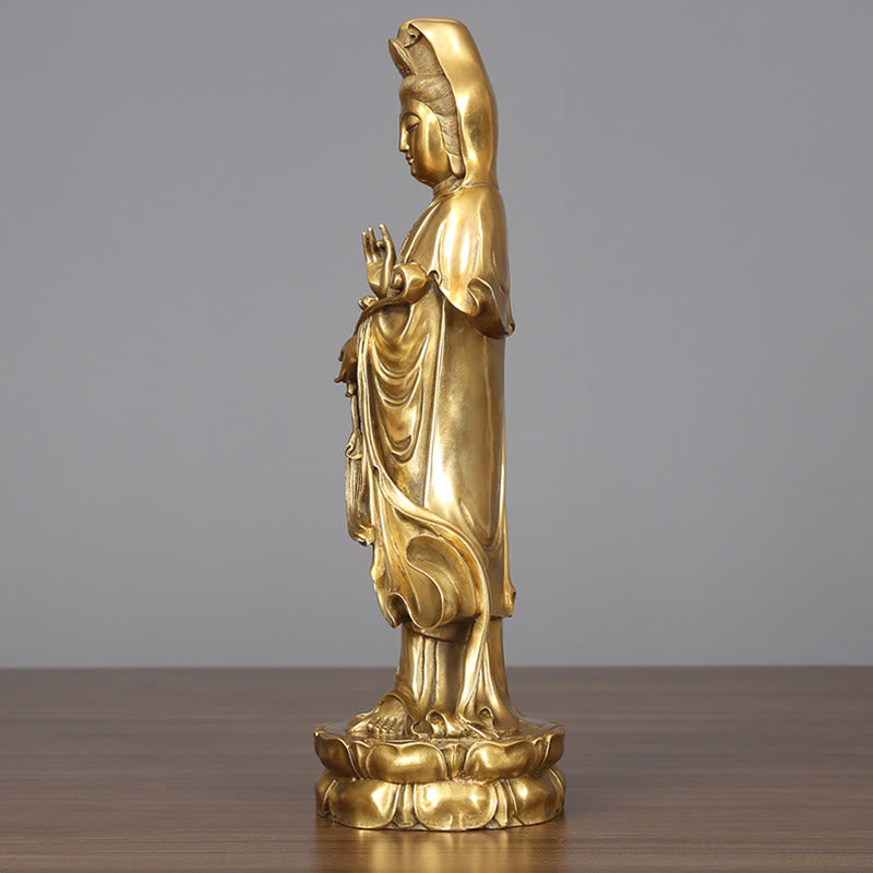 Buddha Stones Goldene Stehende Kwan Yin Avalokitesvara Reichtum Messing Kupfer Statue Heim Schreibtisch Dekoration