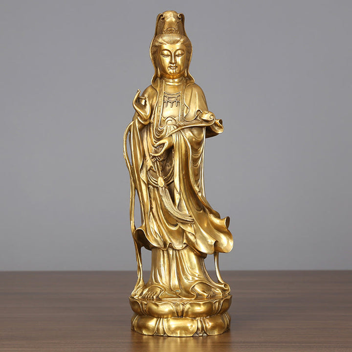 Buddha Stones Goldene Stehende Kwan Yin Avalokitesvara Reichtum Messing Kupfer Statue Heim Schreibtisch Dekoration