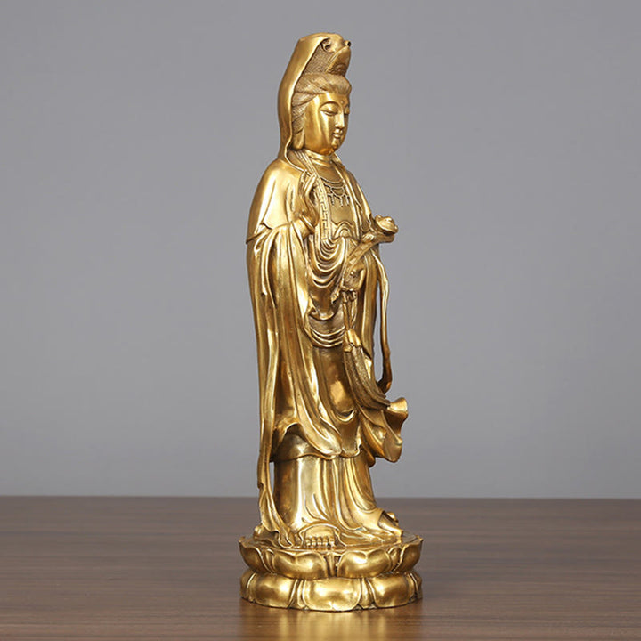 Buddha Stones Goldene Stehende Kwan Yin Avalokitesvara Reichtum Messing Kupfer Statue Heim Schreibtisch Dekoration - image 1