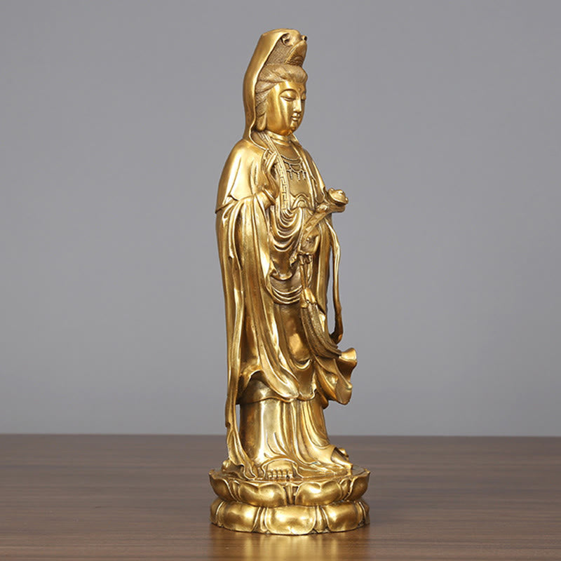 Buddha Stones Goldene Stehende Kwan Yin Avalokitesvara Reichtum Messing Kupfer Statue Heim Schreibtisch Dekoration