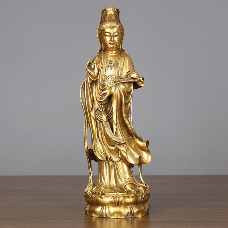 Buddha Stones Goldene Stehende Kwan Yin Avalokitesvara Reichtum Messing Kupfer Statue Heim Schreibtisch Dekoration - Avalokitesvara 14*44,5cm - image 0