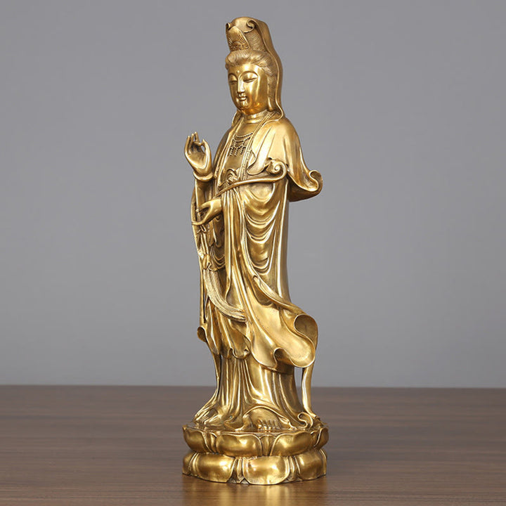 Buddha Stones Goldene Stehende Kwan Yin Avalokitesvara Reichtum Messing Kupfer Statue Heim Schreibtisch Dekoration