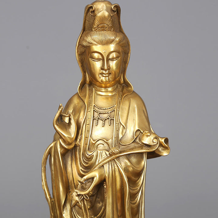 Buddha Stones Goldene Stehende Kwan Yin Avalokitesvara Reichtum Messing Kupfer Statue Heim Schreibtisch Dekoration