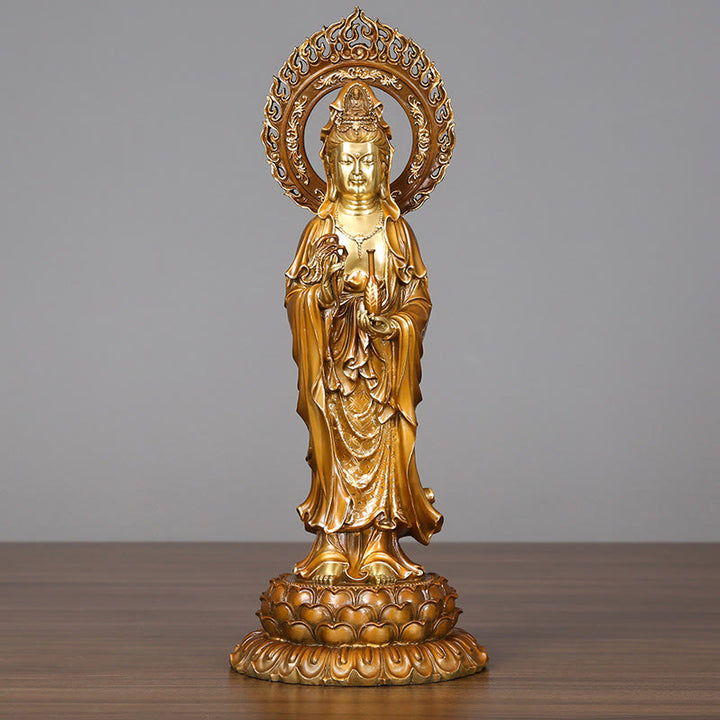 Buddha Stones Kwan Yin Avalokitesvara Lotus Aura Erfolg Messing Kupfer Statue Heimdekoration