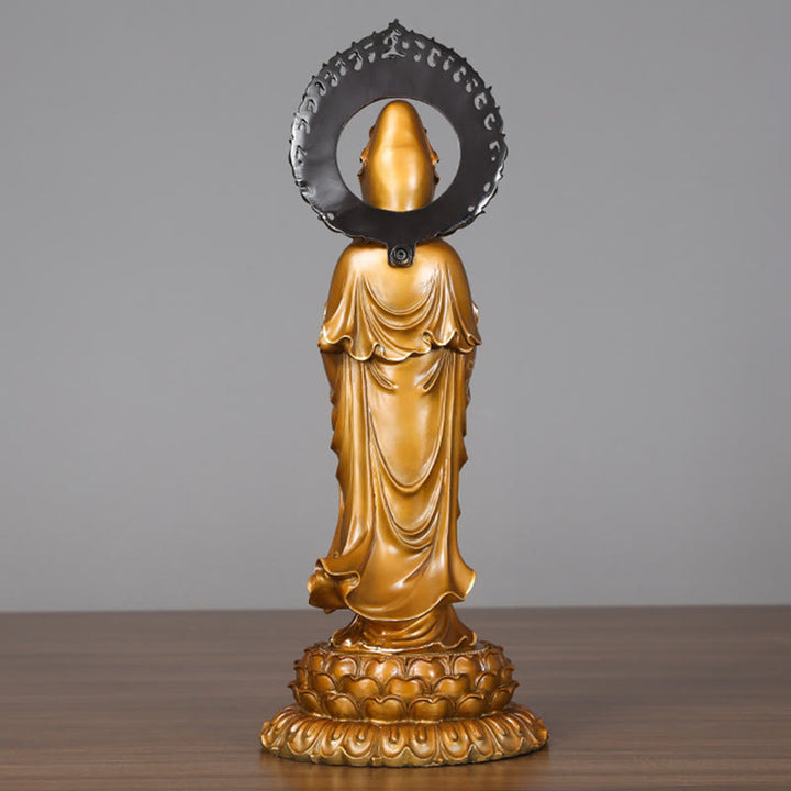 Buddha Stones Kwan Yin Avalokitesvara Lotus Aura Erfolg Messing Kupfer Statue Heimdekoration